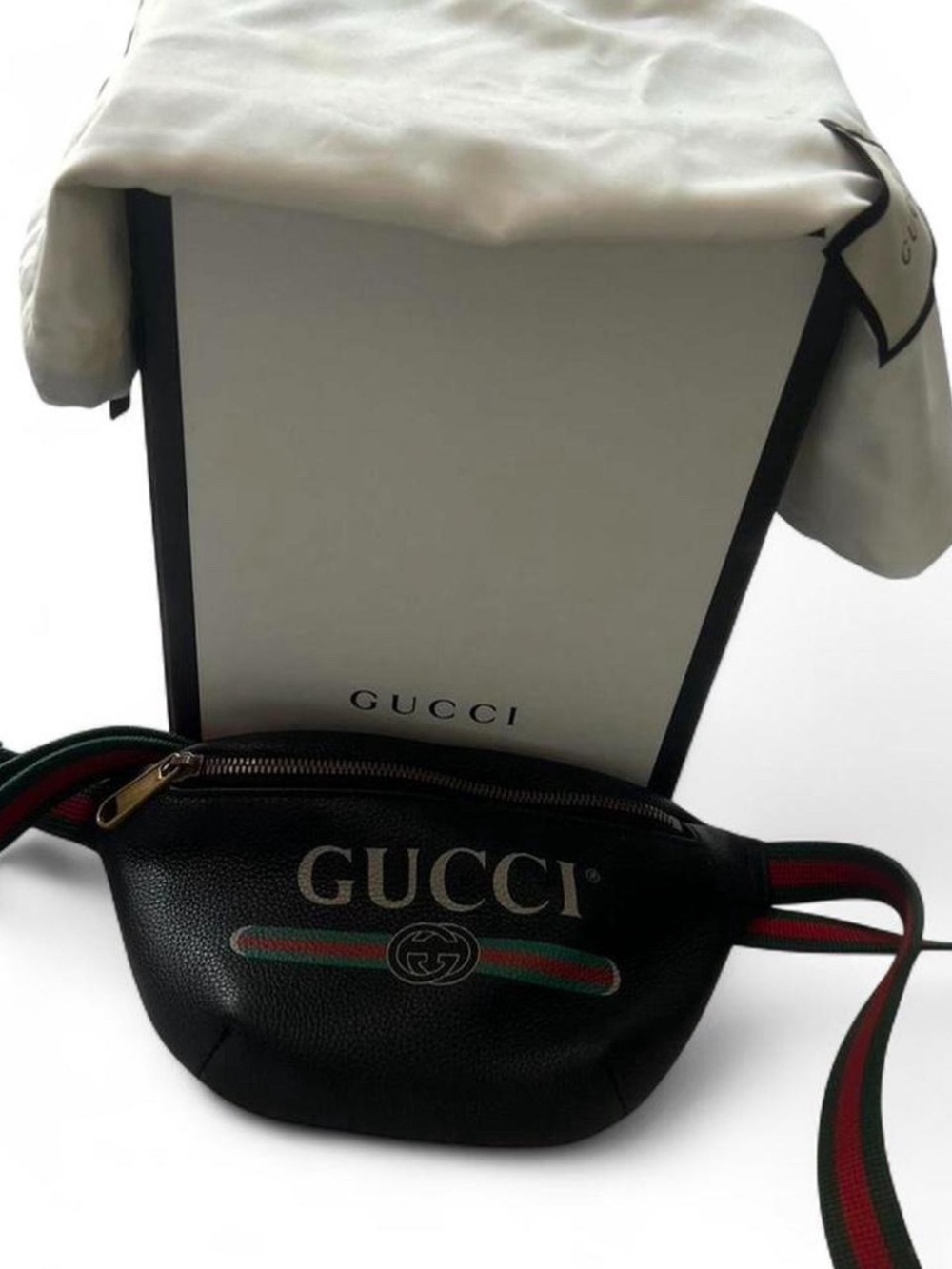 Gucci Black Leather Logo Belt Bag with Red-Green Web Strap
